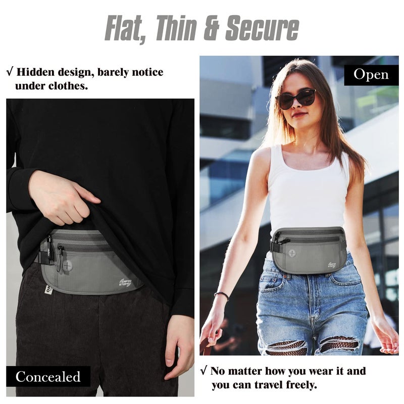 MoKo Secure Travel Money Belt, Undercover Hidden RFID Blocking Travel Wallet, Anti-Theft Passport Wallets for Men Women, Gray - Image 3